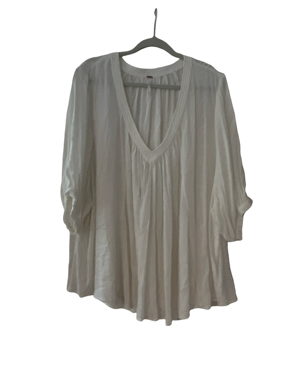 Free People White Lagenlook pleated VNeck Oversized Tunic Top Blouse Size M Boho